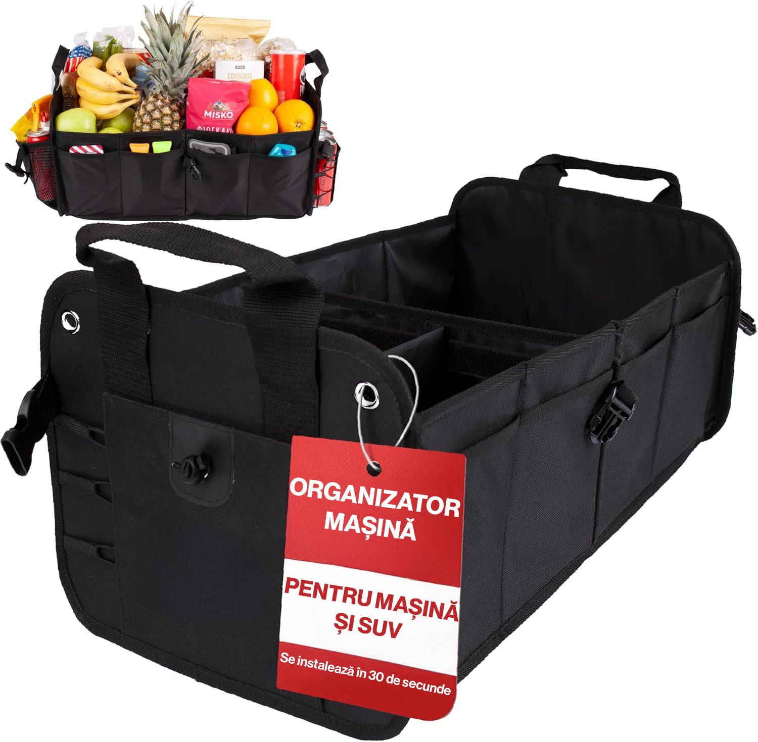 Organizator portbagaj auto pliabil NextWave®️ M, compartimentare personalizabila cu subdivizor detasabil, 2 buzunare mari fata si spate, 8 buzunare laterale, baza rigida, material Oxford rezistent, dimensiuni 53×34 cm