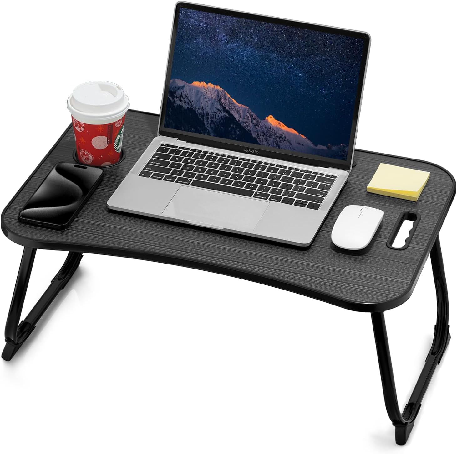 Masa Portabila NextWave® pentru Laptop 60×40 cm, Birou Lap Table pliabil, Suport Pahar & Slot Tableta, maner de transport, picioare antiderapante – ideal pentru pat, canapea, birou, Negru