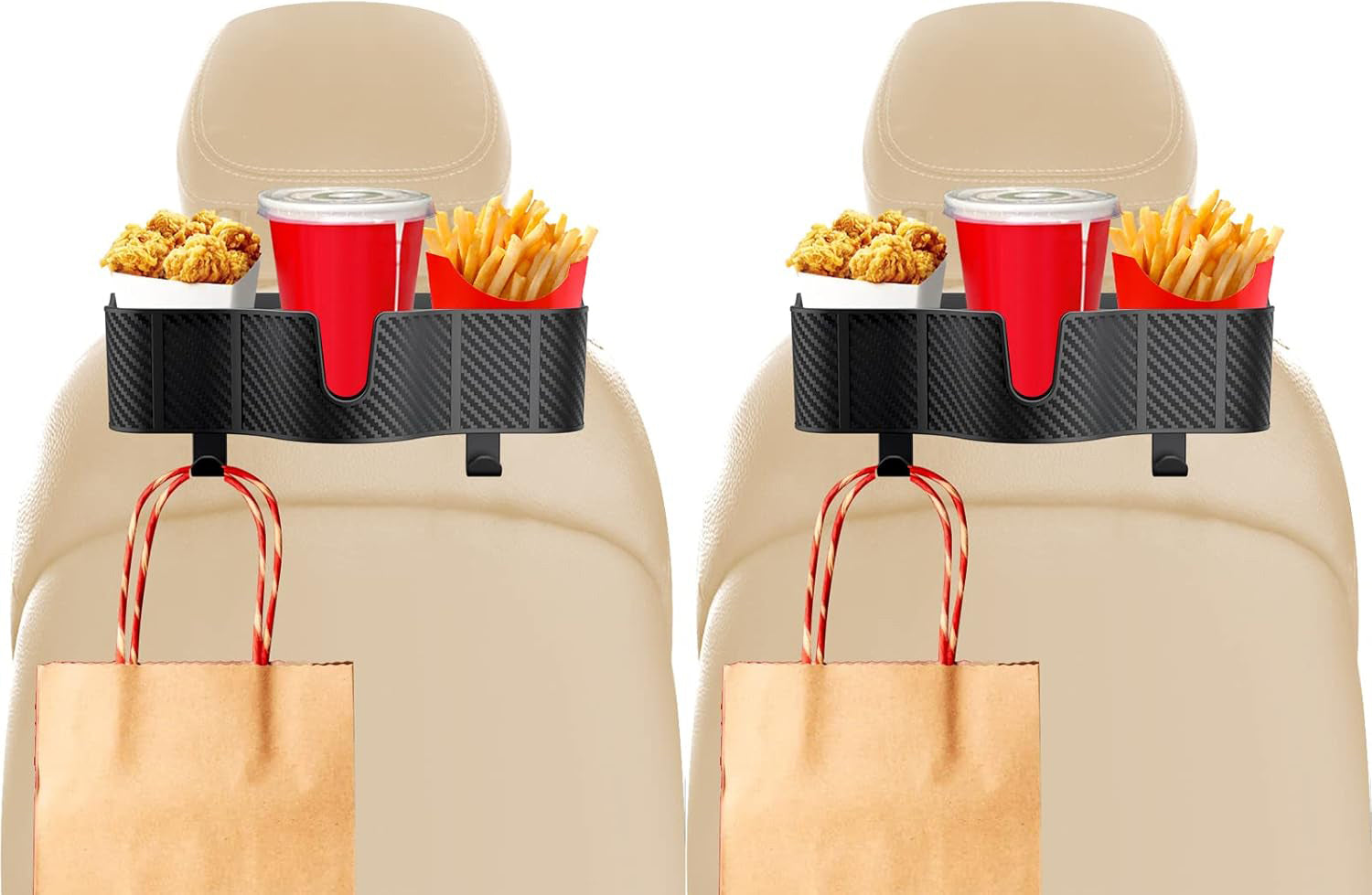 Set 2 Organizatoare Auto Spate NextWave®, 3-in-1 cu Suport Pahar, Depozitare Accesorii, Carlige Reglabile, Plastic Durabil, Negru