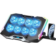 Stand De Racire pentru Laptop BeGenius® cu Suport pentru Telefon, 8 Ventilatoare ultra Silentioase, Cooler Laptop Gaming, Iluminare RGB, 10-45 grade, 2 Porturi USB, pentru Laptopuri pana la 17.3 inch, Negru