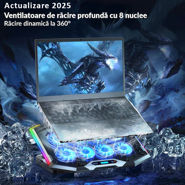 Stand De Racire pentru Laptop BeGenius® cu Suport pentru Telefon, 8 Ventilatoare ultra Silentioase, Cooler Laptop Gaming, Iluminare RGB, 10-45 grade, 2 Porturi USB, pentru Laptopuri pana la 17.3 inch, Negru