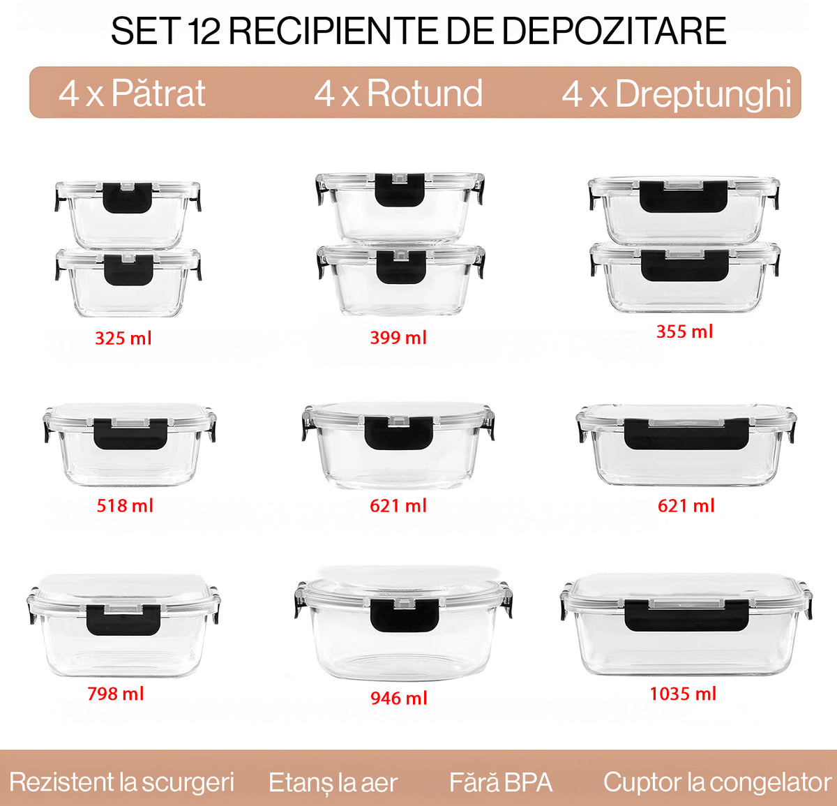STEFANY ClearC Thermo pack 2個セット Set 12 Caserole Alimentare din sticla NextWave, Capace Etanse, Depozit