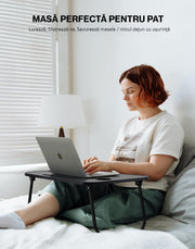Masa Portabila NextWave® pentru Laptop 60×40 cm, Birou Lap Table pliabil, Suport Pahar & Slot Tableta, maner de transport, picioare antiderapante – ideal pentru pat, canapea, birou, Negru