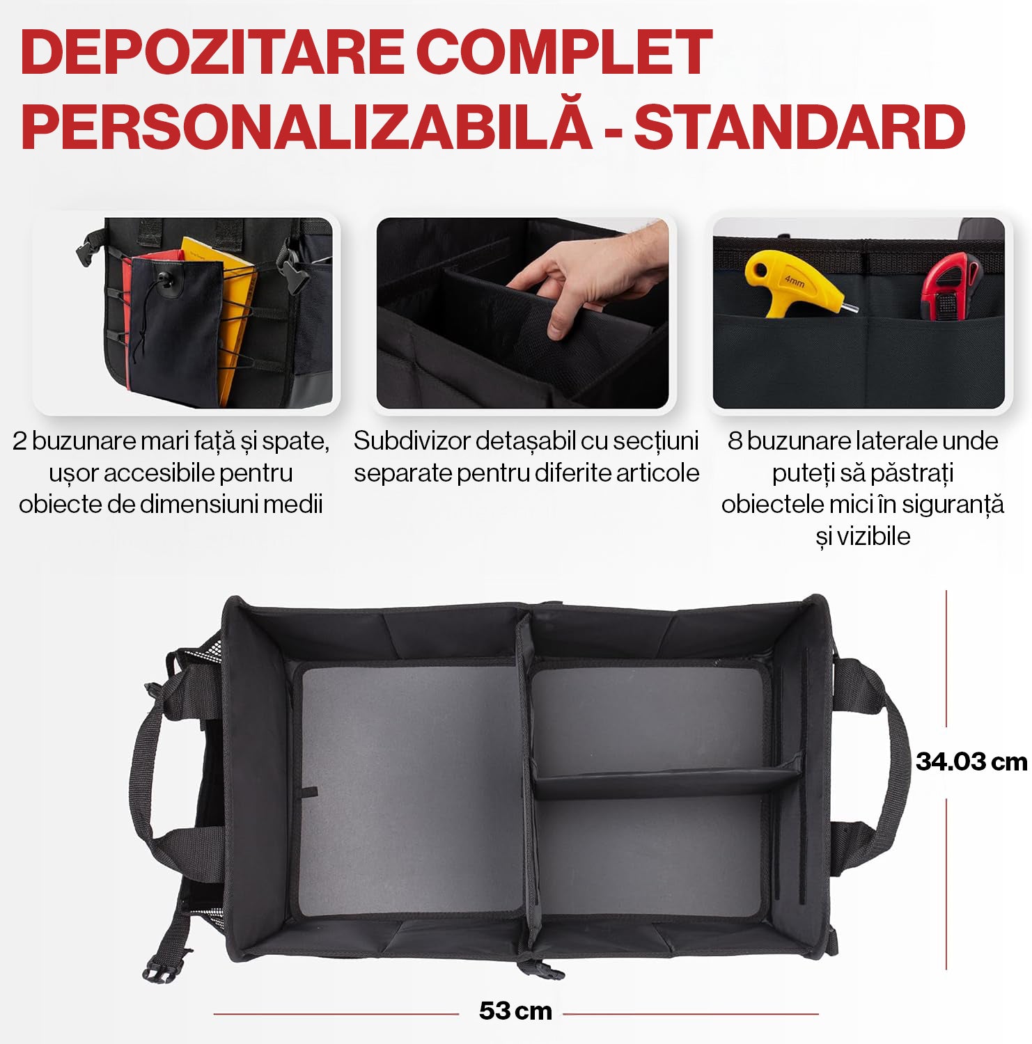 Organizator portbagaj auto pliabil NextWave®️ M, compartimentare personalizabila cu subdivizor detasabil, 2 buzunare mari fata si spate, 8 buzunare laterale, baza rigida, material Oxford rezistent, dimensiuni 53×34 cm