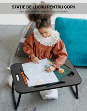 Masa Portabila NextWave® pentru Laptop 60×40 cm, Birou Lap Table pliabil, Suport Pahar & Slot Tableta, maner de transport, picioare antiderapante – ideal pentru pat, canapea, birou, Negru