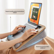 Masa Portabila NextWave® pentru Laptop cu Perna Ergonomica, Suport Telefon, Spatiu pentru Mouse, Suprafata Antiderapanta, Design Compact si Confortabil pentru Acasa, Birou sau Calatorii, Compatibila pana la 17,3”