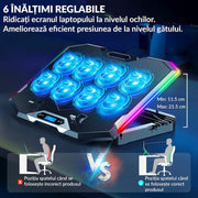 Stand De Racire pentru Laptop BeGenius® cu Suport pentru Telefon, 8 Ventilatoare ultra Silentioase, Cooler Laptop Gaming, Iluminare RGB, 10-45 grade, 2 Porturi USB, pentru Laptopuri pana la 17.3 inch, Negru