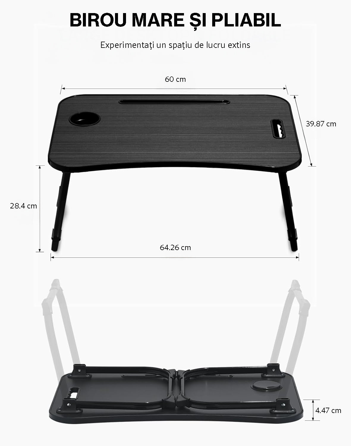 Masa Portabila NextWave® pentru Laptop 60×40 cm, Birou Lap Table pliabil, Suport Pahar & Slot Tableta, maner de transport, picioare antiderapante – ideal pentru pat, canapea, birou, Negru