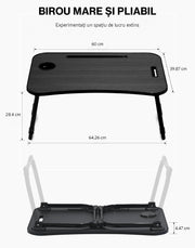 Masa Portabila NextWave® pentru Laptop 60×40 cm, Birou Lap Table pliabil, Suport Pahar & Slot Tableta, maner de transport, picioare antiderapante – ideal pentru pat, canapea, birou, Negru