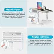 Masa laptop pliabila si reglabila NextWave® – stand multifunctional portabil pentru pat, canapea si birou, 60x40 cm, cu suport pentru tableta si telefon, utilizare ca masa mic dejun, birou de studiu sau suport de scris, design ergonomic si usor de depozit