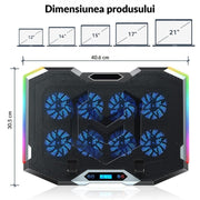 Stand De Racire pentru Laptop BeGenius® cu Suport pentru Telefon, 8 Ventilatoare ultra Silentioase, Cooler Laptop Gaming, Iluminare RGB, 10-45 grade, 2 Porturi USB, pentru Laptopuri pana la 17.3 inch, Negru