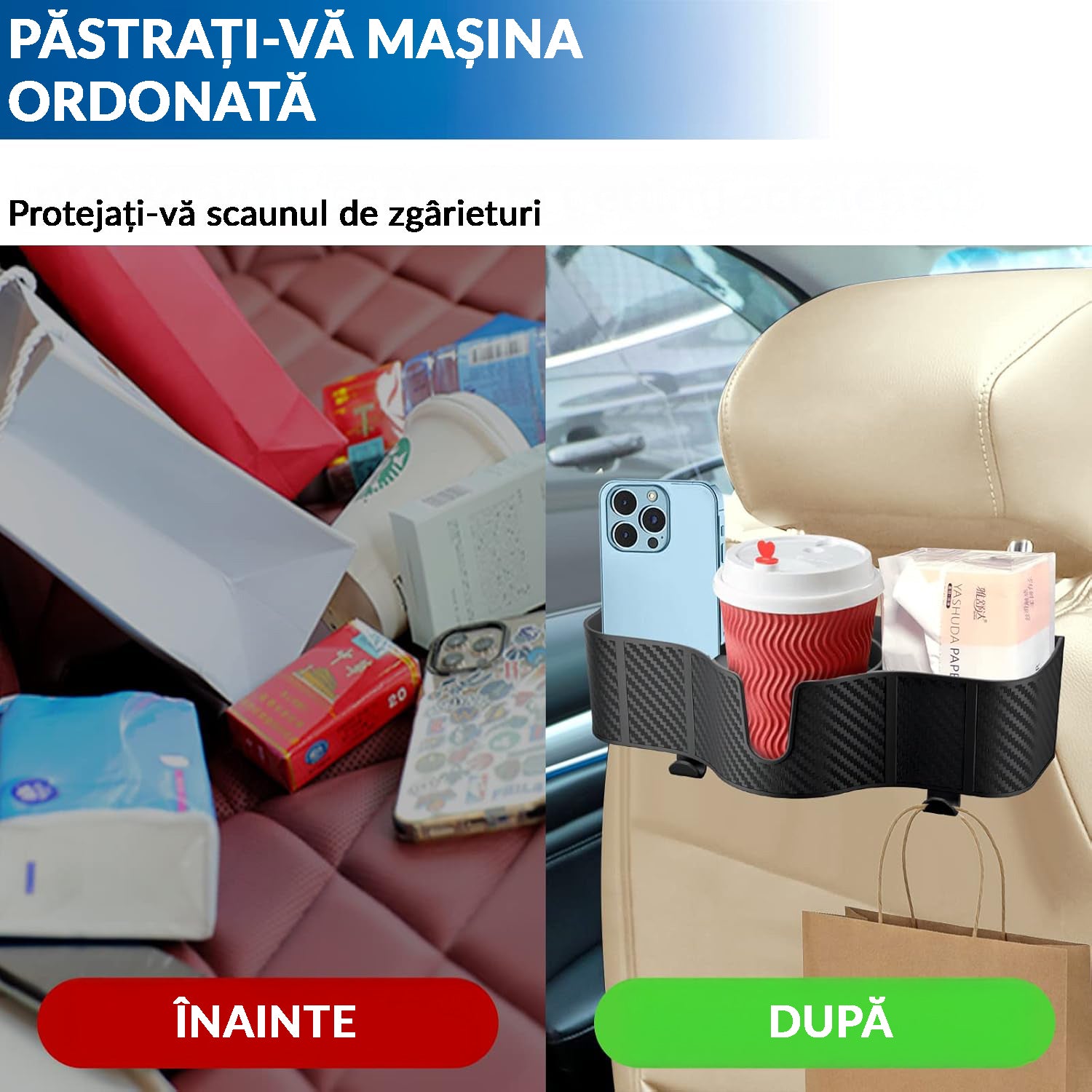 Set 2 Organizatoare Auto Spate NextWave®, 3-in-1 cu Suport Pahar, Depozitare Accesorii, Carlige Reglabile, Plastic Durabil, Negru