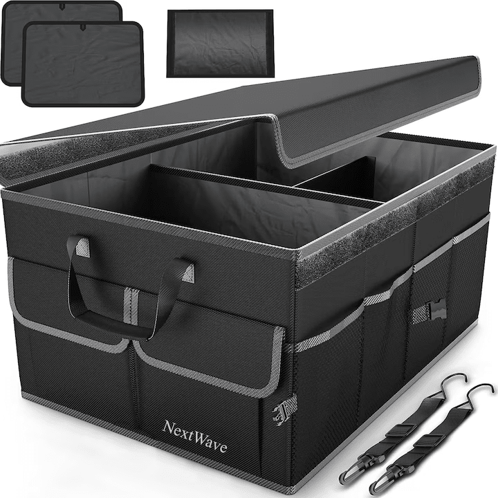 Organizator portbagaj auto NextWave®️ cu chingi de ancorare si capac, Multifunctional, Pliabil, 9 compartimente, Capacitate 65L, Material Oxford 1680D, 58.4x40.6x25.4 cm, negru