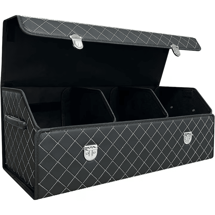 Organizator portbagaj auto Premium NextWave®️, Multifunctional, Pliabil, Rezistent, Manere Laterale, Prindere cu catarame, 3 compartimente mari, 75x31x30 cm, alb negru