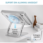 Suport Laptop Ergonomic, cu Sistem de Ventilatie prin Cooler, 3 viteze, Portabil, Stand Reglabil pe Inaltime, pentru Laptop si Tableta, compatibil cu toate Laptopurile 10-15.6'', Universal, Fabricat din Aluminiu