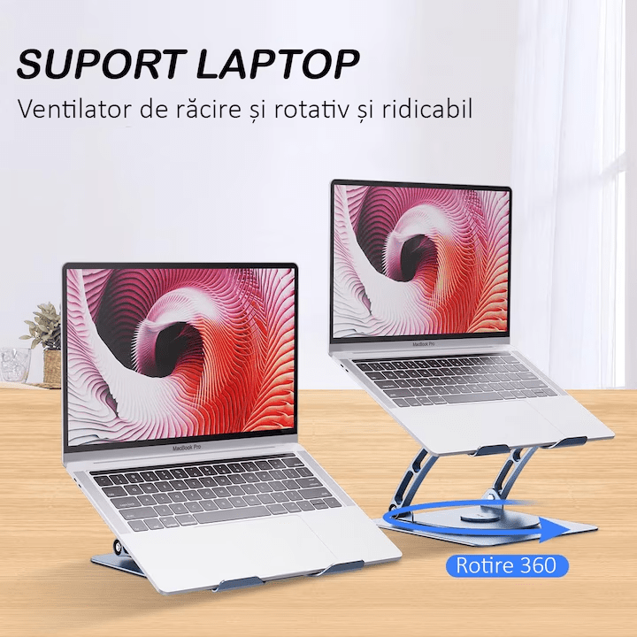 Suport Laptop Ergonomic, cu Sistem de Ventilatie prin Cooler, 3 viteze, Portabil, Stand Reglabil pe Inaltime, pentru Laptop si Tableta, compatibil cu toate Laptopurile 10-15.6'', cu Baza Rotativa 360°, Universal, Fabricat din Aluminiu
