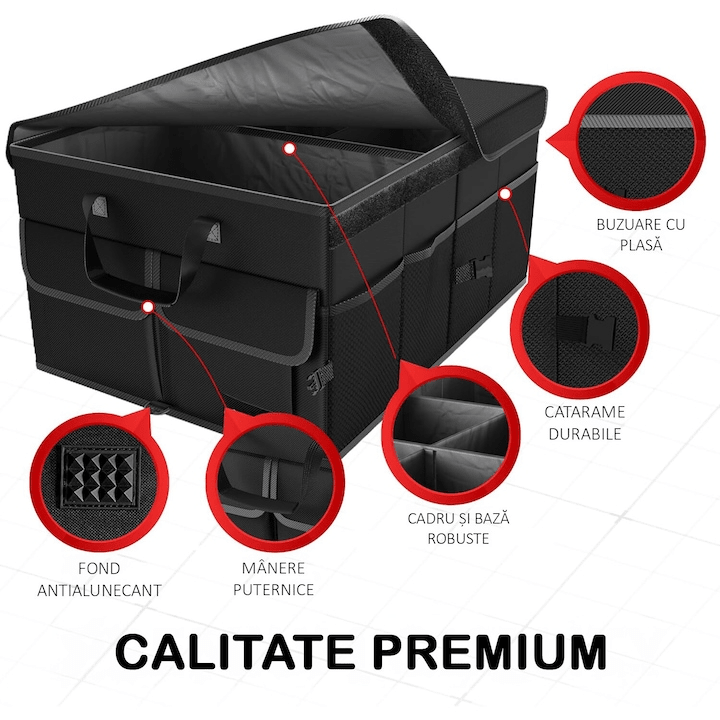 Organizator portbagaj auto NextWave®️ cu chingi de ancorare si capac, Multifunctional, Pliabil, 9 compartimente, Capacitate 65L, Material Oxford 1680D, 58.4x40.6x25.4 cm, negru