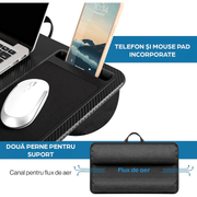 Masa laptop pentru poala NextWave®️ cu mouse pad, suport telefon, perna dubla, pentru pat, birou, canapea, masina, greutate redusa cu maner integrat, potrivit pentru laptopuri de pana la 15.6 inch, 54 x 30 x 6 cm