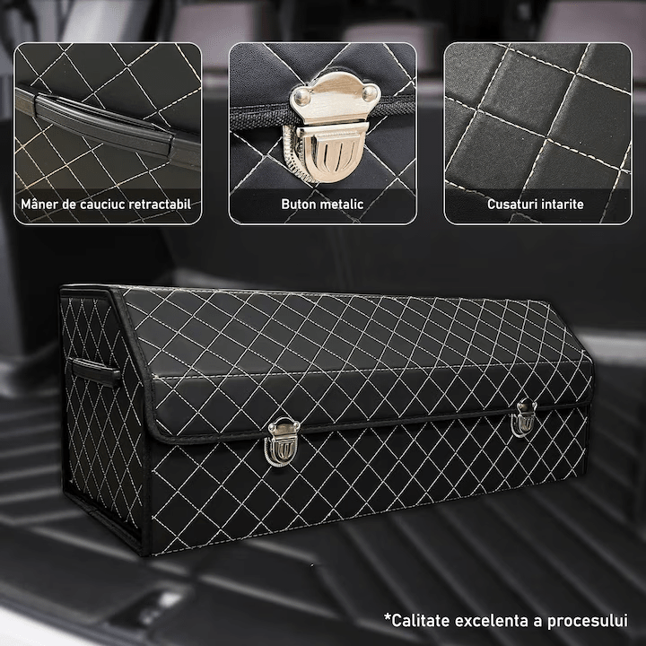 Organizator portbagaj auto Premium NextWave®️, Multifunctional, Pliabil, Rezistent, Manere Laterale, Prindere cu catarame, 3 compartimente mari, 75x31x30 cm, alb negru