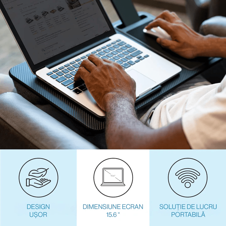 Masa laptop pentru poala NextWave®️ cu mouse pad, suport telefon, perna dubla, pentru pat, birou, canapea, masina, greutate redusa cu maner integrat, potrivit pentru laptopuri de pana la 15.6 inch, 54 x 30 x 6 cm