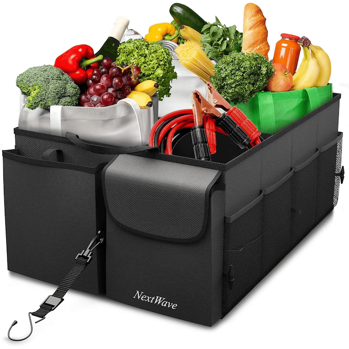 Organizator portbagaj auto NextWave®️ cu chingi de ancorare, Multifunctional, Pliabil, 9 compartimente, Capacitate 60L, Material Oxford 1680D, 58x43x27 cm