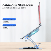 Suport Laptop Ergonomic, cu Sistem de Ventilatie prin Cooler, 3 viteze, Portabil, Stand Reglabil pe Inaltime, pentru Laptop si Tableta, compatibil cu toate Laptopurile 10-15.6'', cu Baza Rotativa 360°, Universal, Fabricat din Aluminiu