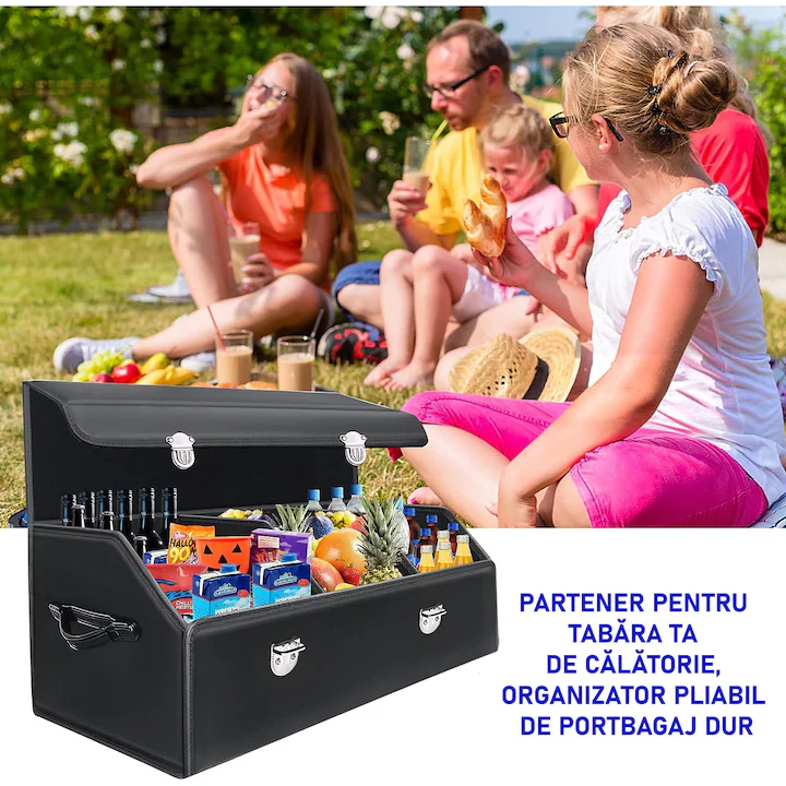 Organizator portbagaj auto Premium NextWave®️, Multifunctional, Pliabil, Rezistent, Manere Laterale, Prindere cu catarame, 3 compartimente mari, 75x31x30 cm