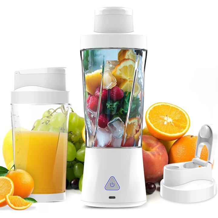 Mini Blender Electric Portabil NextWave™, Multifunctional, Auto-curatare, Autonomie Mare, Recipient detasabil cu capac, Baterie reincarcabila 6000mAh, 20.000 RPM, 240W, 650 ml, alb