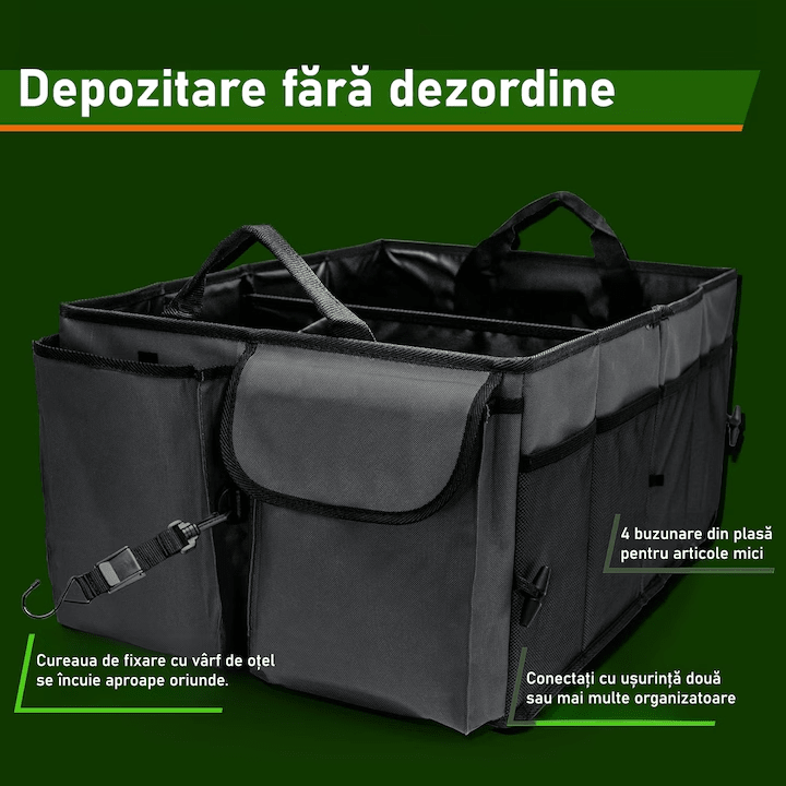 Organizator portbagaj auto NextWave®️ cu chingi de ancorare, Multifunctional, Pliabil, 9 compartimente, Capacitate 60L, Material Oxford 1680D, 58x43x27 cm