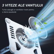 Suport Laptop Ergonomic, cu Sistem de Ventilatie prin Cooler, 3 viteze, Portabil, Stand Reglabil pe Inaltime, pentru Laptop si Tableta, compatibil cu toate Laptopurile 10-15.6'', cu Baza Rotativa 360°, Universal, Fabricat din Aluminiu