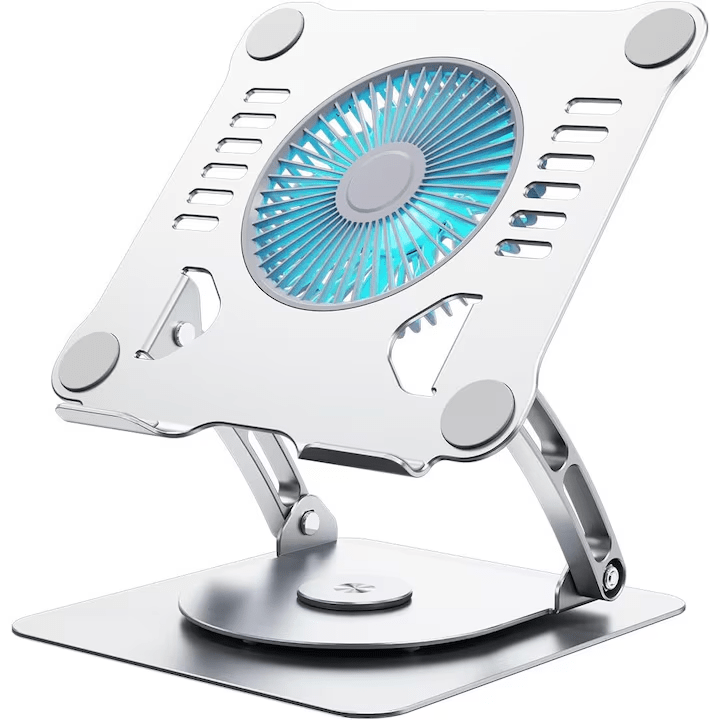 Suport Laptop Ergonomic, cu Sistem de Ventilatie prin Cooler, 3 viteze, Portabil, Stand Reglabil pe Inaltime, pentru Laptop si Tableta, compatibil cu toate Laptopurile 10-15.6'', cu Baza Rotativa 360°, Universal, Fabricat din Aluminiu
