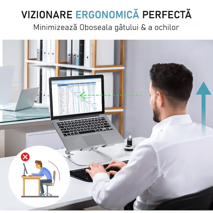 Suport Laptop Ergonomic, cu Sistem de Ventilatie prin Cooler, 3 viteze, Portabil, Stand Reglabil pe Inaltime, pentru Laptop si Tableta, compatibil cu toate Laptopurile 10-15.6'', Universal, Fabricat din Aluminiu