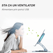 Suport Laptop Ergonomic, cu Sistem de Ventilatie prin Cooler, 3 viteze, Portabil, Stand Reglabil pe Inaltime, pentru Laptop si Tableta, compatibil cu toate Laptopurile 10-15.6'', cu Baza Rotativa 360°, Universal, Fabricat din Aluminiu