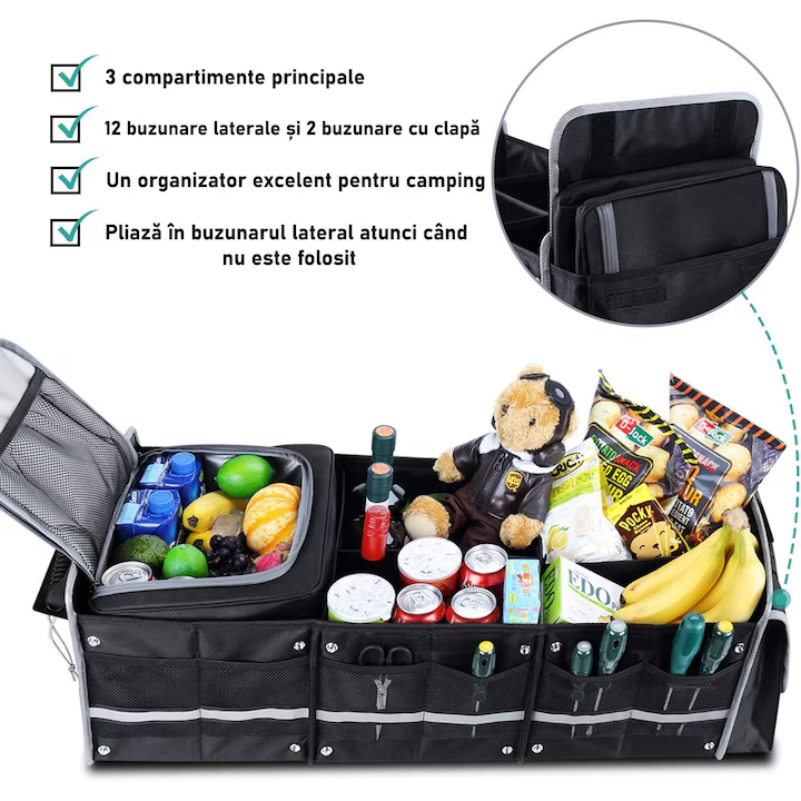 Organizator portbagaj auto cu Geanta Termica NextWave®️ si chingi de ancorare, Multifunctional, Pliabil, 6 compartimente, Material Oxford 1680D, 90x35x30 cm, negru