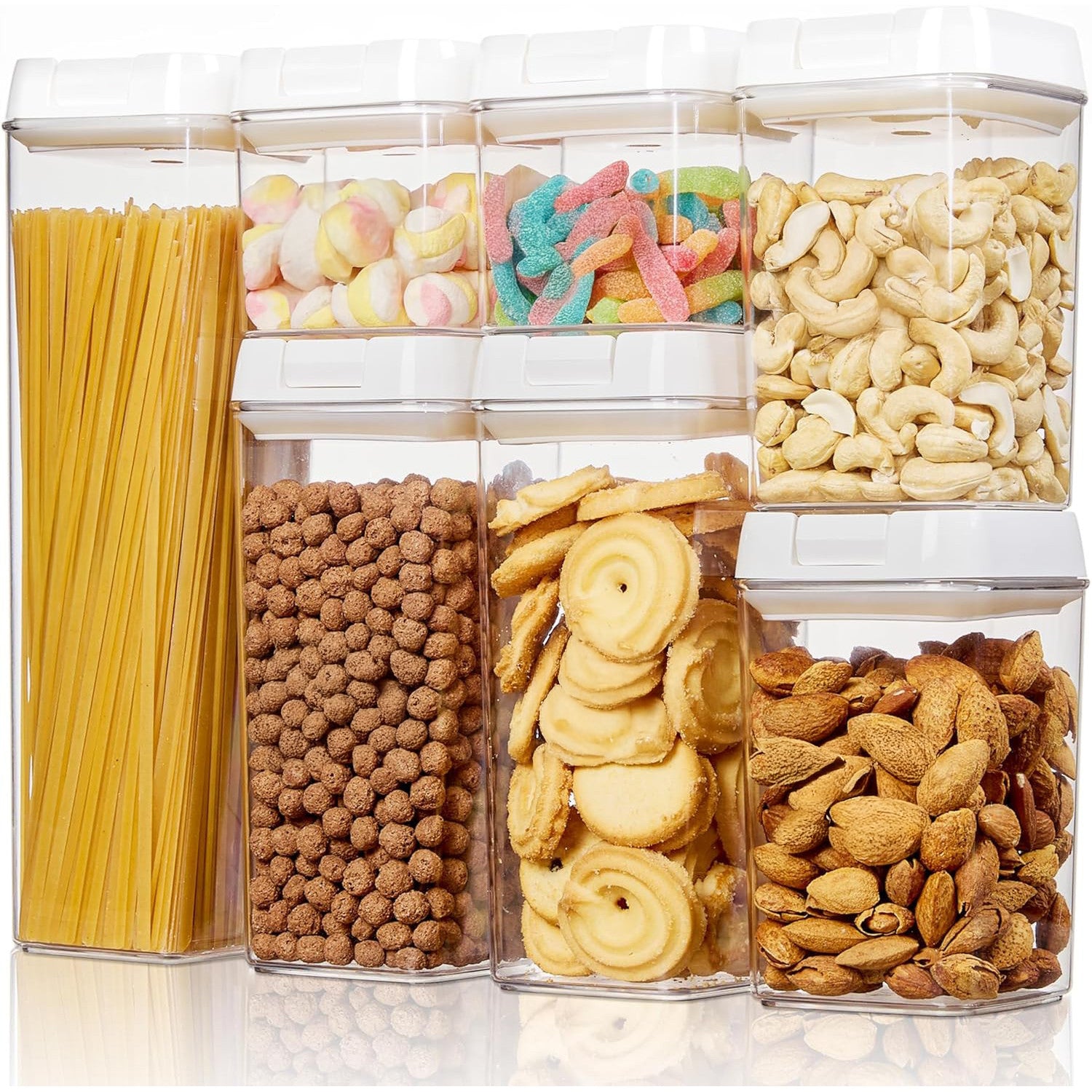 Set 7 cutii depozitare alimente NextWave® – plastic alimentar transparent fara BPA, inchidere ermetica cu garnitura de silicon, stivuibile si reutilizabile, ideale pentru cereale, faina, zahar, orez, paste si alte alimente uscate