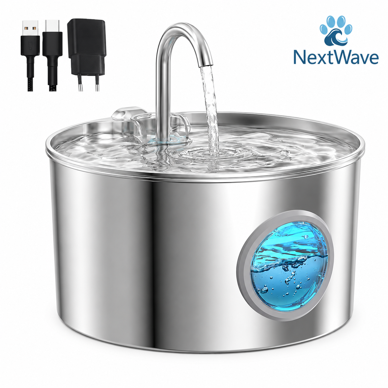 Dispenser apa automat tip fantana NextWave® pentru pisici si caini, cu fereastra mare pentru nivelul apei, purificare si filtrare prin carbune activ, otel inoxidabil 304, ultra-silentiosa, USB C, adaptor priza, model rotund, capacitate 3.1L, Argintiu
