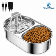Dispenser apa automat cu Bol pentru mancare NextWave®, 2-1 tip fantana pentru pisici si caini, cu purificare si filtrare prin carbune activ, ultra-silentioasa, USB, adaptor priza, otel inoxidabil, capacitate 3L, Argintiu