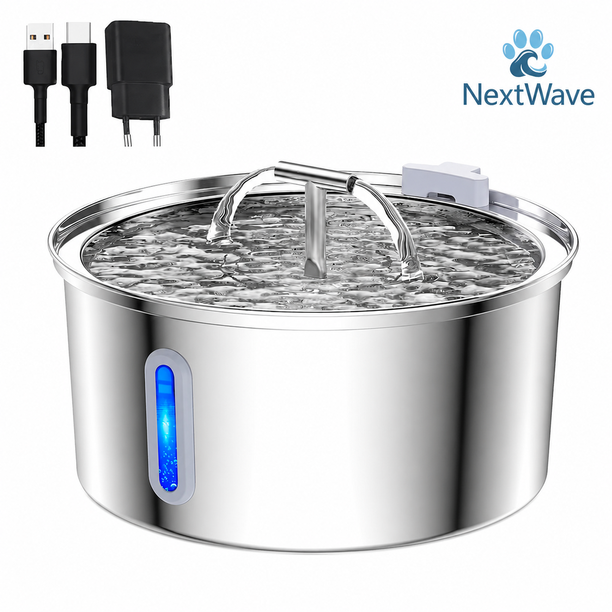 Dispenser apa automat tip fantana NextWave® pentru pisici si caini, cu fereastra mare pentru nivelul apei, purificare si filtrare prin carbune activ, otel inoxidabil, ultra-silentiosa, USB, adaptor priza, capacitate 3.2L, Argintiu
