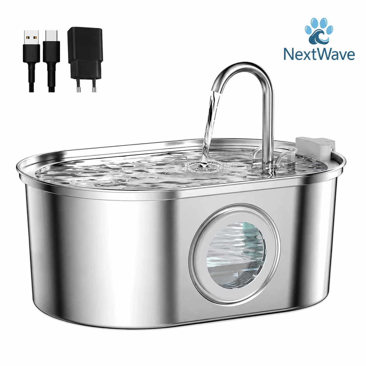 Dispenser apa automat tip fantana pentru pisici si caini, cu fereastra mare pentru nivelul apei, purificare si filtrare prin carbune activ, otel inoxidabil 304, ultra-silentiosa, USB, adaptor priza, capacitate 3.2L, Argintiu