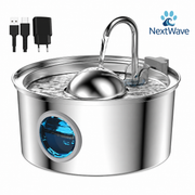 Dispenser apa automat tip fantana pentru pisici si caini, cu fereastra mare pentru nivelul apei, purificare si filtrare prin carbune activ, ultra-silentiosa, otel inoxidabil 304, model rotund, USB, adaptor priza, capacitate 3.2L, Argintiu