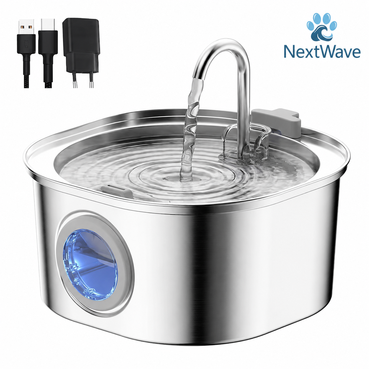 Dispenser apa automat tip fantana pentru pisici si caini NextWave®, cu fereastra mare pentru nivelul apei, purificare si filtrare prin carbune activ, otel inoxidabil, ultra-silentiosa, USB, adaptor priza, capacitate 3.2L