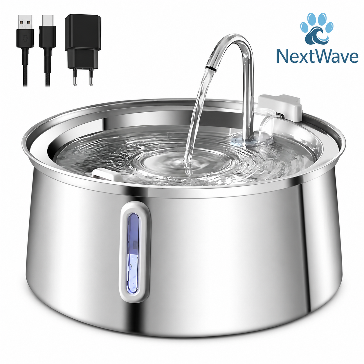 Dispenser apa automat tip fantana pentru pisici si caini, cu fereastra mare pentru nivelul apei, purificare si filtrare prin carbune activ, ultra-silentiosa, USB, adaptor priza, otel inoxidabil 304, Argintiu