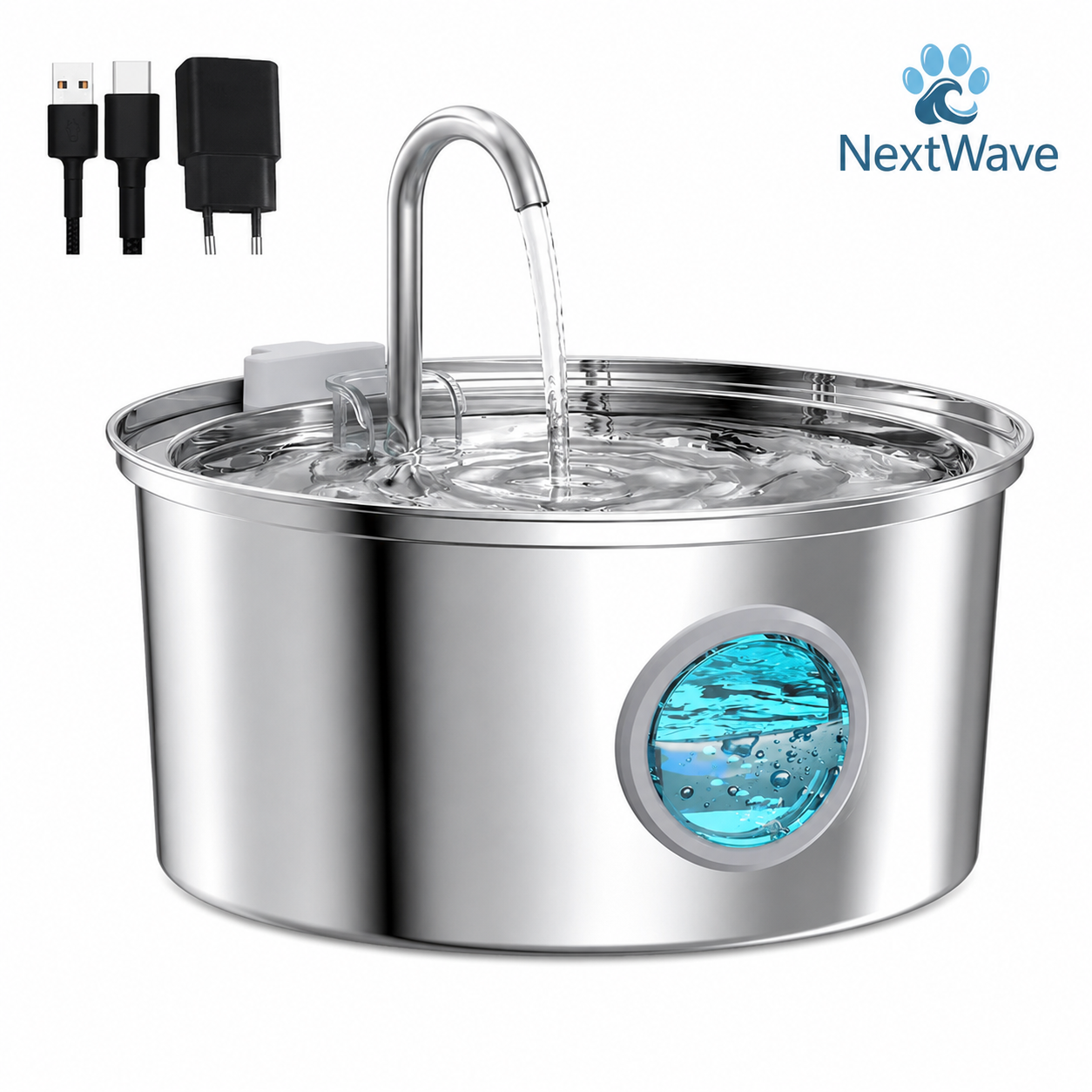 Dispenser apa automat tip fantana NextWave® pentru pisici si caini, cu fereastra mare pentru nivelul apei, purificare si filtrare prin carbune activ, otel inoxidabil 304, ultra-silentiosa, USB, adaptor priza, model rotund, capacitate 3.2L, Argintiu