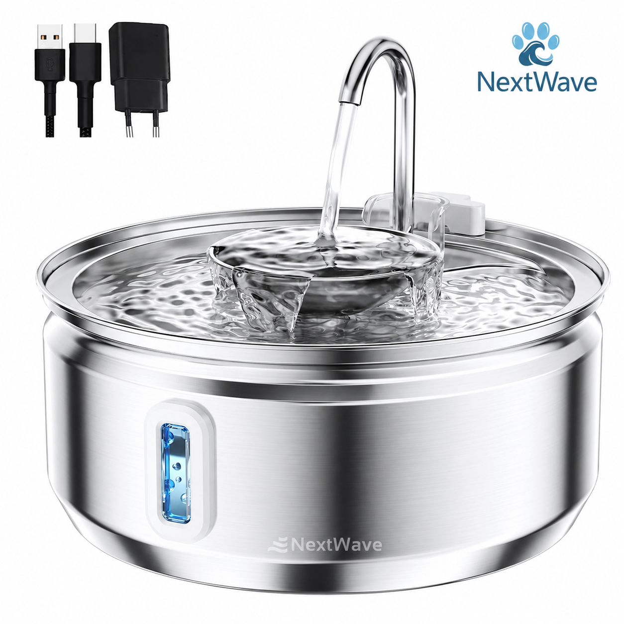 Dispenser apa automat tip fantana NextWave® pentru pisici si caini, cu fereastra pentru nivelul apei, purificare si filtrare prin carbune activ, ultra-silentioasa, otel inoxidabil, capacitate 3.2L, USB, Adaptor Priza, Argintiu