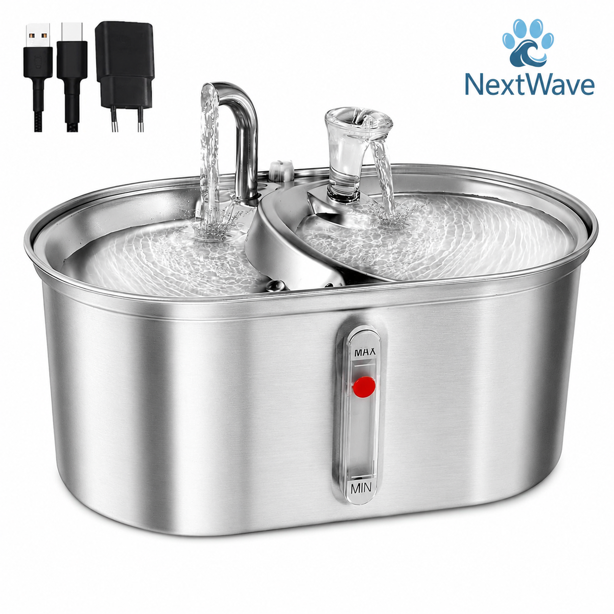 Dispenser apa automat cu Bol pentru mancare NextWave®, 2-1 tip fantana pentru pisici si caini, cu purificare si filtrare prin carbune activ, ultra-silentioasa, adaptor priza, USB, otel inoxidabil, capacitate 3L, Argintiu