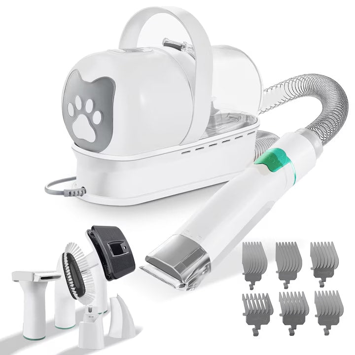 Masina De Tuns Animale, Caini, Pisici NextWave®, Aspirator 7 in 1 pentru toaletarea animalelor de companie si materiale textile, 6 marimi pentru tuns, Usor de Utilizat, Zgomot Redus, alb