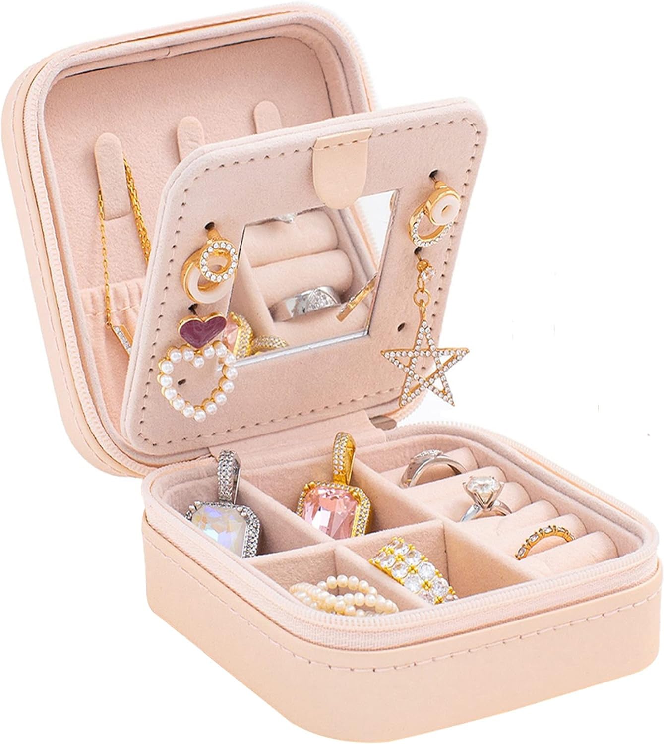 Cutie bijuterii NextWave® portabila din piele ecologica, design modern cu oglinda integrata si compartimente multifunctionale pentru inele, cercei, lantisoare si bratari, organizator compact 10 x 10 x 5 cm, roz