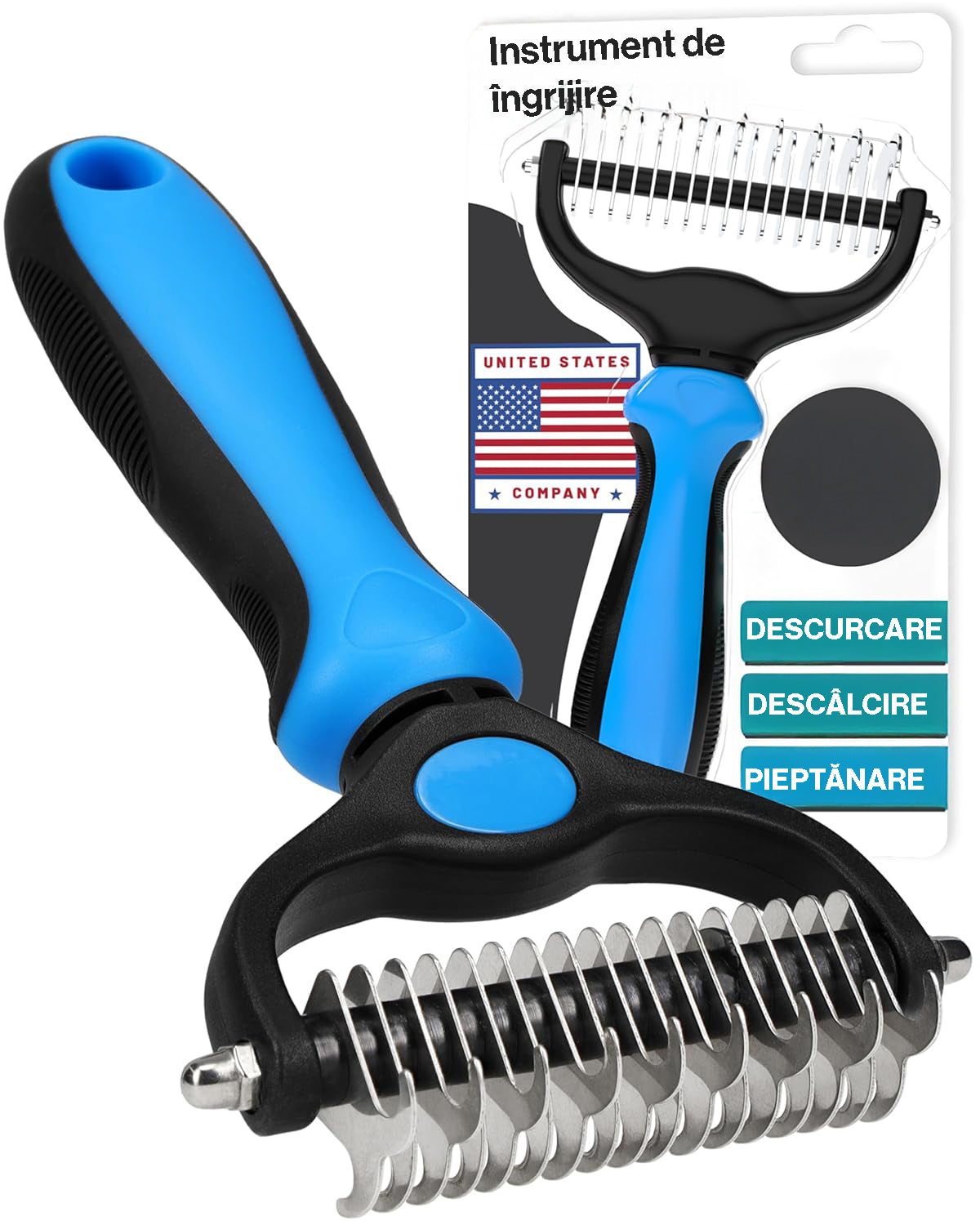 Perie profesionala NextWave® dubla pentru caini si pisici – reduce naparlirea cu pana la 95%, descurcare noduri si subtiere blana, pieptene 2 fete cu 9 si 17 dinti din inox, pentru blana medie si lunga, maner ergonomic antiderapant, ingrijire confortabila