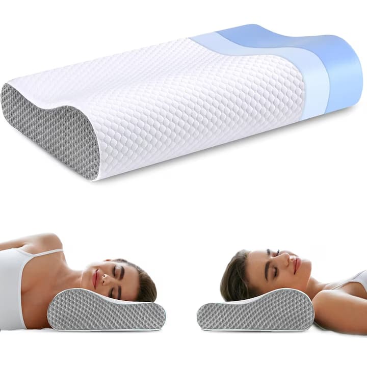Perna ortopedica pentru dormit NextWave®, Spuma cu Memorie ergonomica pentru Gat si Suport Cervical, Ideala pentru dormitul lateral, spate sau stomac, Husa detasabila lavabila, Fermitate Medie