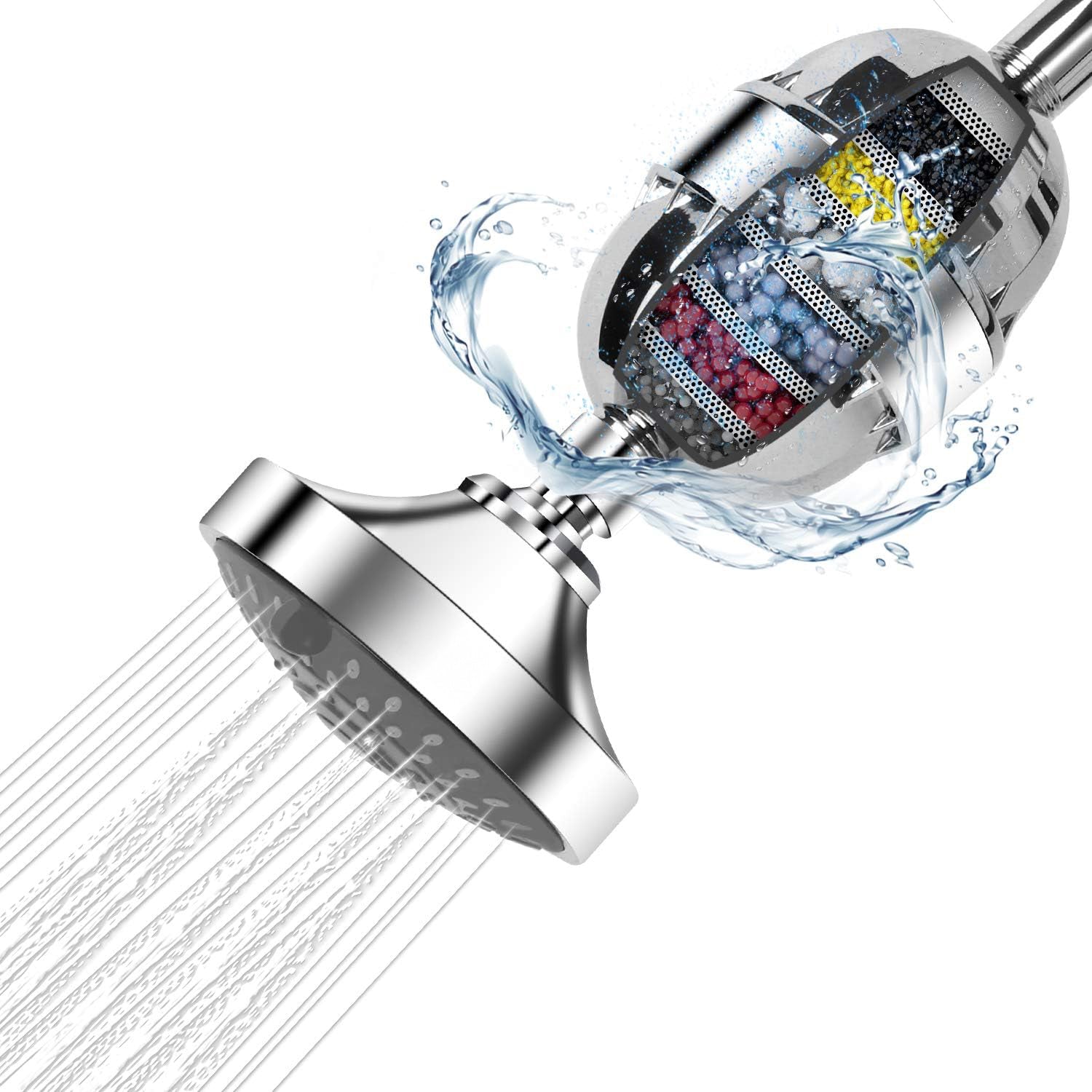 Cap de dus reglabil NextWave®️, presiune ridicata, 5 moduri de pulverizare (ploaie, masaj, ceata, combinatii), sistem de filtrare in 15 etape pentru apa curata, conexiune standard G1/2, cap rotativ 360°, material ABS cromat anticoroziv